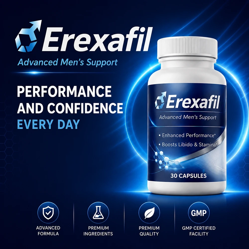 Erexafil Advanced Men's Support bottle with blue and silver label