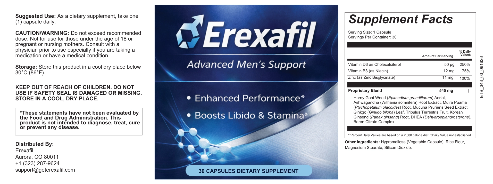 Erexafil ingredients on the printed Supplement Facts label showing the 545 mg proprietary blend